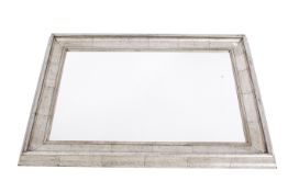 A contemporary rectangular silver coloured framed wall mirror.