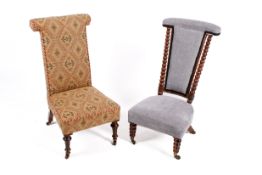 Two Victorian prayer chairs. Both having turned front supports raised on casters.