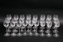 A group of twenty-five Riedel crystal dessert wine glasses.