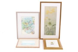 A group of four pictures depicting floral and coastal scenes.