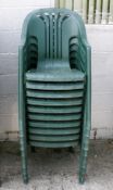 A set of ten Flair Plaisir green plastic stacking garden patio chairs.