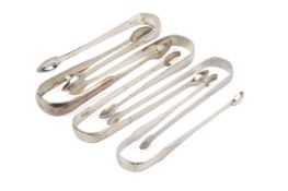 Six 18th and 19th English and Scottish silver sugar tongs.