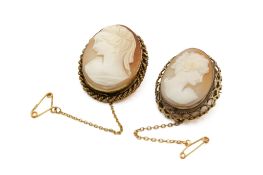 Two shell cameo brooches. Of oval form, depicting female busts in profile, in gold plated mounts.