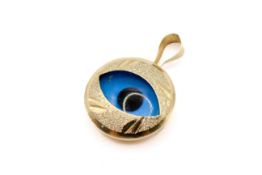 An evil eye pendant. Marked 585 and tested as 14ct gold. Diameter 1.4cm, gross weight 1.7g.