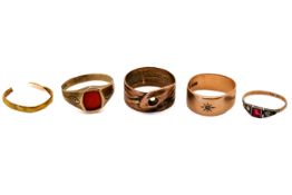 Five gold and yellow metal rings (AF). Including two with 9ct gold hallmarks, these gross weight 10.
