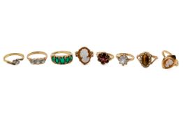 Eight 9ct gold and yellow metal rings.