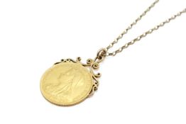 A mounted 1893 double sovereign coin and chain necklace.