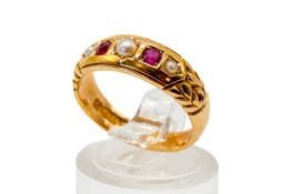 A 15ct gold, ruby and pearl ring. Of graduated form, hallmarked, size L, gross weight 4.2g.