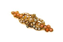 A yellow metal, pearl and coral bar brooch.