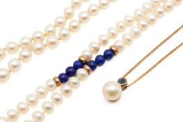 Two cultured pearl necklaces and a pendant.
