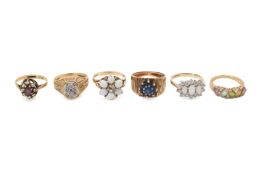 Six 9ct gold dress rings. Set with various stones, various sizes, all hallmarked. Gross weight 19.
