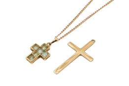 Two 9ct gold crosses and a yellow metal chain.