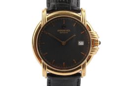 A gold plated Raymond Weil wristwatch. With gilt markers to the black face, case diameter 3.