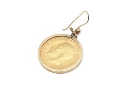 A 1912 half sovereign coin in a 9ct gold earring mount.