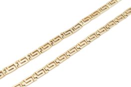 A yellow metal key fret pattern necklace. Marked 585 and tested as 14ct gold, W5mm, L43.