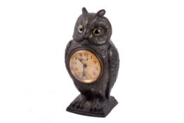 Early 20th Century spelter figural mantel clock formed as an owl.