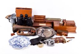 Group of miscellaneous items. Including wooden boxes, silverplate, a cornet, etc.