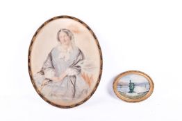 Two 19th century watercolour pictures. Including a portrait of a women in a blue dress, etc.