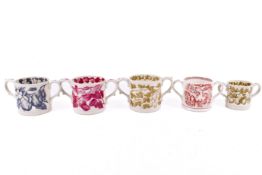 A group of five 20th century transfer printed cider mugs. Including Taunton Country Crafts, etc.