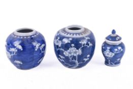 Two blue and white ginger jars and lidded pot. Max H9cm.