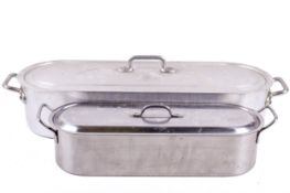 Two catering fish kettles with covers.