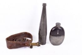 GJ W Hawksley Sheffield leather and brass shot pouch belt and two flasks.