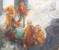 Ronald Olley (British, 1923-2017), oil on canvas, figures in a street.