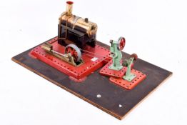 A Mamod SE1 live stream stationary engine and two pulleys on wooden plinth.
