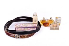 A small group of designer cosmetics and two Italian leather belts. Including Chanel Gel Moussant No.