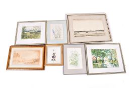 A collection of assorted pictures. Including landscapes and floral still life by various artists.