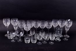 A group of assorted drinking glasses. Including wine, sherry and tumblers, etc.
