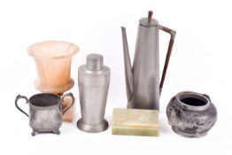 A group of assorted pewter and onyx items. Including a cocktail shaker and an urn, etc.
