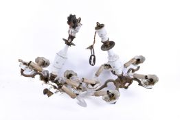 Pair of porcelain and brass five branch chandeliers.