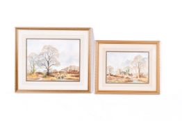Two Sue Whigham watercolours. Both landscapes with churches, signed lower left, framed and glazed.