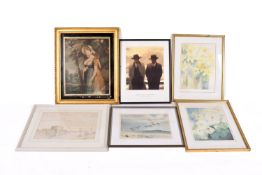 A group of six assorted framed and glazed pictures, mostly prints.