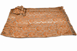 A vintage golden brocade jacquard floral pattern lined and pleated curtain and pelmet cover (af).