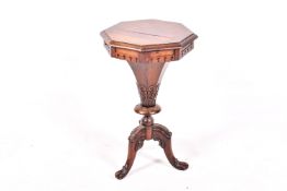 A Victorian rosewood sewing workbox tripod table.