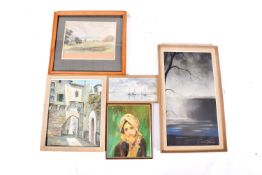 A group of five assorted original oil or watercolour paintings. By various artists. All framed.
