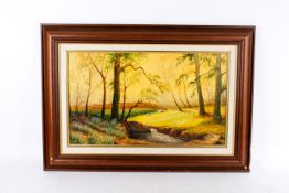 H Gibbins (20th century) - Landscape with stream and trees, oil on board.