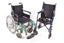 Two modern folding wheelchairs.