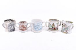 A group of five assorted 19th century transfer printed ceramic cider mugs.