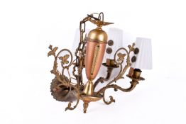 An early 20th century three branch gilt metal chandelier. Having three milk glass shades.