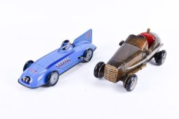 A modern Schylling clockwork tin plate 'Bluebird' model car and a carved wooden race car no. '88'.