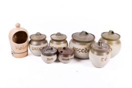 A collection of Tregaron Welsh language pottery kitchen storage jars and a salt pig.