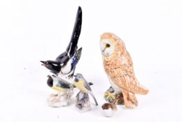 Five assorted 20th century ceramic bird ornaments. Including a Beswick Barn owl (af), etc.