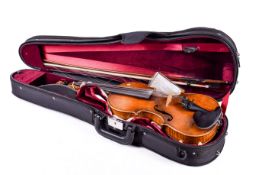 Antique unbranded violin with a bow in a modern fitted case.