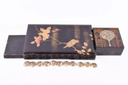 A set of eleven Satsuma ceramic dress buttons and two Japanese lacquer boxes.