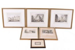 A group of six 19th century coloured engravings featuring buildings in London and Surrey.