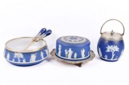 A group of three Wedgwood Blue Jasperware items. Including a salad bowl and servers, etc.