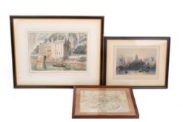 A map and two hand coloured etchings depicting Bristol.